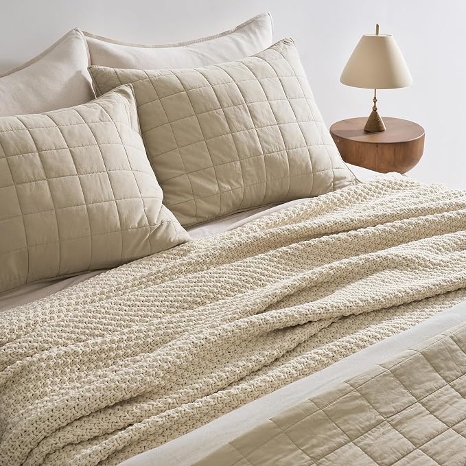 EVERGRACEHOME Chunky Chenille Knit Throw Blanket, 90 x 90, Beige | Sculpted Moss Stitch, Chic Modern Farmhouse, All-Season Warmth, OEKO-TEX® Certified, Oversized Queen for Couch, Bed, Sofa