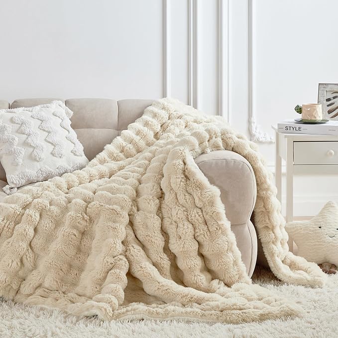 50x60 Inches Ultra-Soft Fuzzy Faux Fur Plush Throw Blanket - Thick, Warm Sherpa for Couch, Sofa, Bedroom, Camping - Decorative Blanket for Cozy Warmth, Bubble Khaki