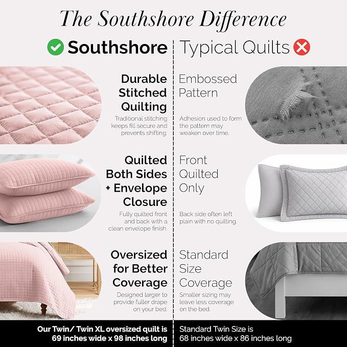 Southshore Fine Living, Inc. Stitched Twin XL Quilt Bedding Set, Dorm Room Bedding, Hotel Quality Microfiber Bedspread, RV Bedding Sets, XL Twin Pink Quilt Bed Spread w/Pillow Sham, Pastel Pink Quilts