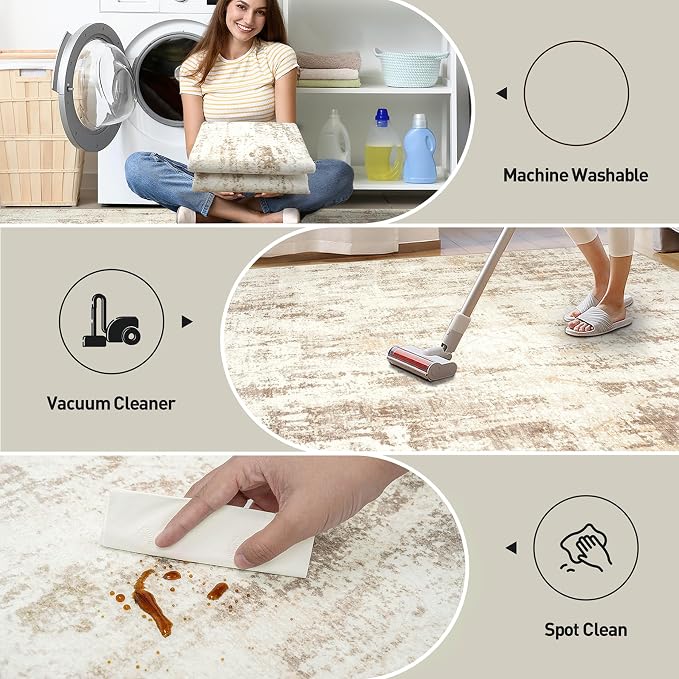 8x10 Area Rugs for Living Room: Washable Abstract Beige Grey Badroom Carpet | Non-slip TPE backing makes this washable soft low-pile rug safe & durable, Pet-friendly decor for dining room,nursery,office