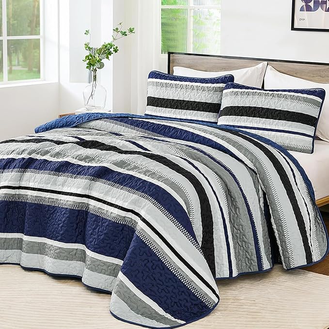 WONGS BEDDING Full Striped Quilt Set, Navy Blue Lightweight Bedspread | Lightweight Microfiber Coverlet, Breathable All-Season, Machine Washable, 3-Piece Set 90"x78", Great for Men Boys Dorm Room