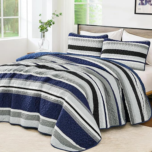 WONGS BEDDING Full Striped Quilt Set, Navy Blue Lightweight Bedspread | Lightweight Microfiber Coverlet, Breathable All-Season, Machine Washable, 3-Piece Set 90"x78", Great for Men Boys Dorm Room