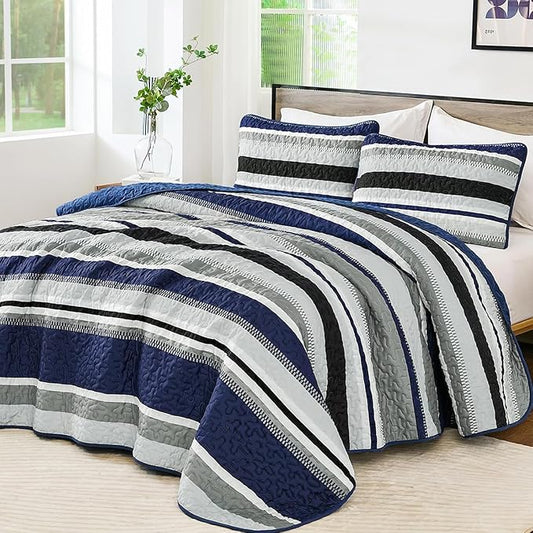 WONGS BEDDING California King Striped Quilt Set, Navy Blue Bedspread | Lightweight Polyester Coverlet, Breathable All-Season, Machine Washable, Cal King 112"x96", Great for Men Boys Dorm Room