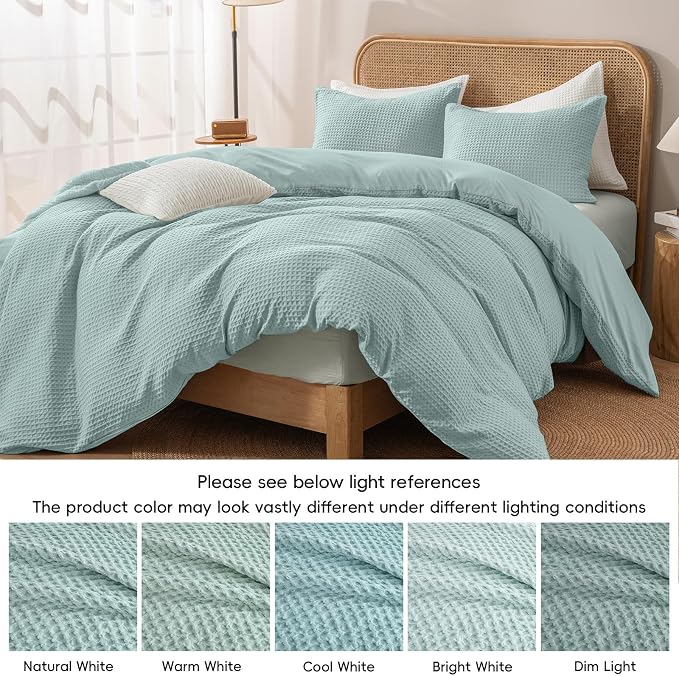 PHF Waffle Duvet Cover Queen, Ultra Soft & Breathable, 90"x90", Aqua | 300GSM Fabrie，No Snagging Textured Honeycomb Comforter Cover for All Season 3pcs, Durable Bedding Duvet Set, Home Decor Gift