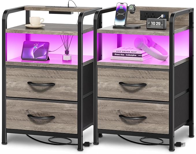 Huuger Nightstands Set of 2, Night Stand with LED Lights, Charging Station | USB-C Ports, 2 Drawers Bedside Table, Open Shelf, 2-Way Power Panel Install, End Table for Bedroom, Oak