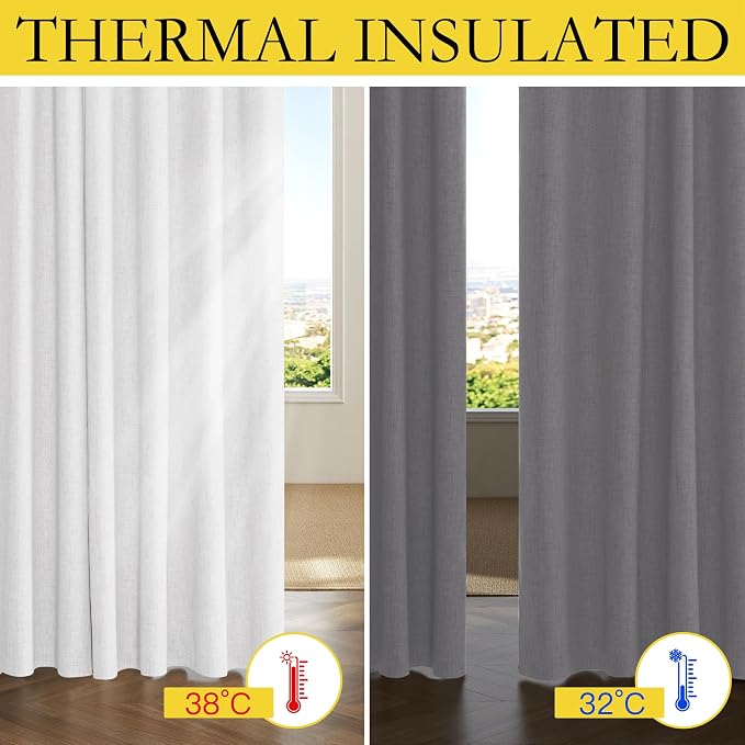 NICETOWN 100% Blackout Linen Curtains 84" Long 2 Panels, Greyish White | Boho-Chic Thick Linen Blend, Thermal Insulated Privacy Window Drapes for Bedroom, Living Room, W42" x L84" Each