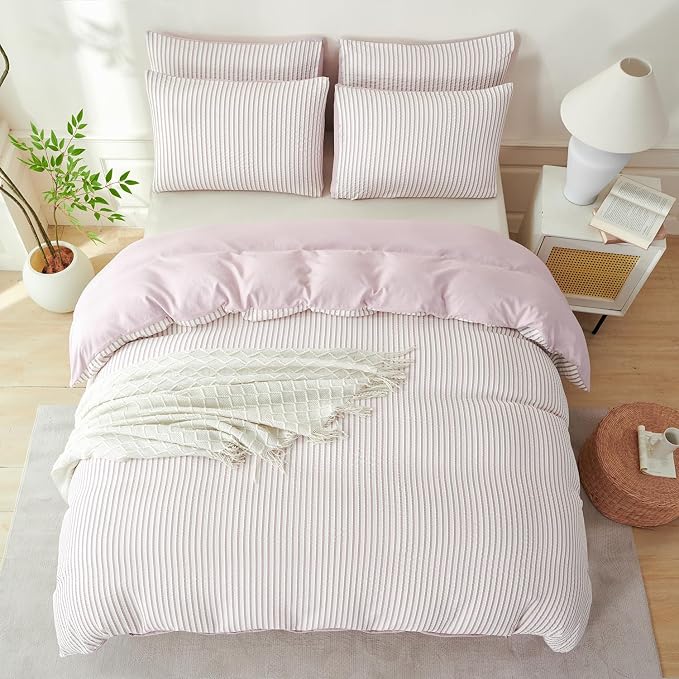 King Size Comforter Set Striped Light Purple Soft Luxury Washed Microfiber Jacquard 3 Pieces Bedding Purple Vertical Ticking Stripes Comforter with 2 Pillowcases Breathable Durable Comfy