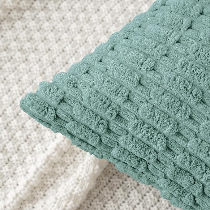 MIULEE Corduroy Decorative Throw Pillow Covers 20x20 Teal Green Pack of 2 | Soft Boho Striped Pillow Covers Modern Farmhouse Home Decor For Sofa Living Room Couch Bed