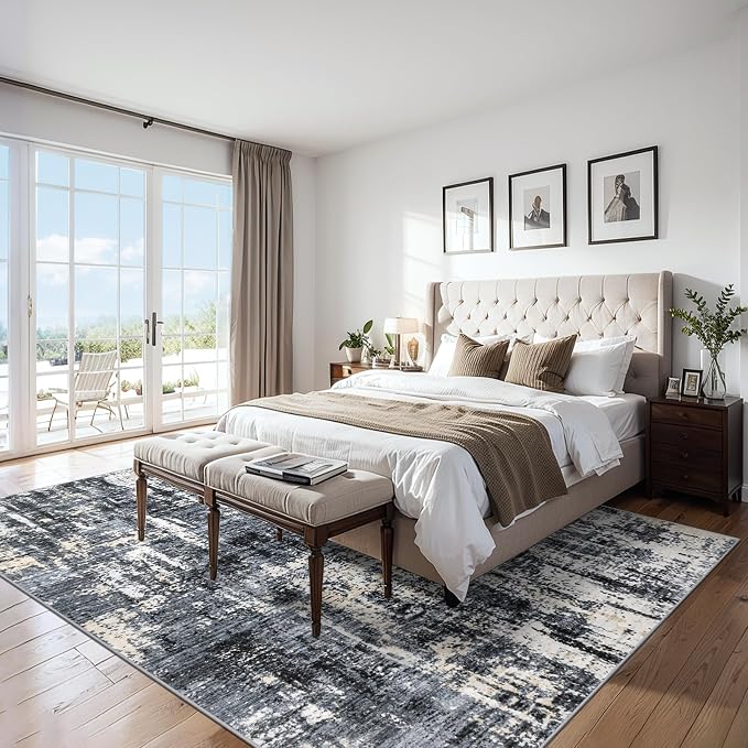 PLHXFR 6x9 Area Rug Living Room: Abstract Washable Carpet Black Gold | For Bedroom Dining Room Farmhouse Nursery Home,Machine washable,Non Slip,Large Soft Neutral,Stain Resistant, Indoor Floor