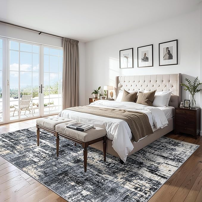 PLHXFR Area Rug Living Room: 5x7 Abstract Washable Carpet Black Gold | For Bedroom Dining Room Farmhouse Nursery Home,Machine washable,Non Slip,Large Soft Neutral,Stain Resistant, Indoor Floor