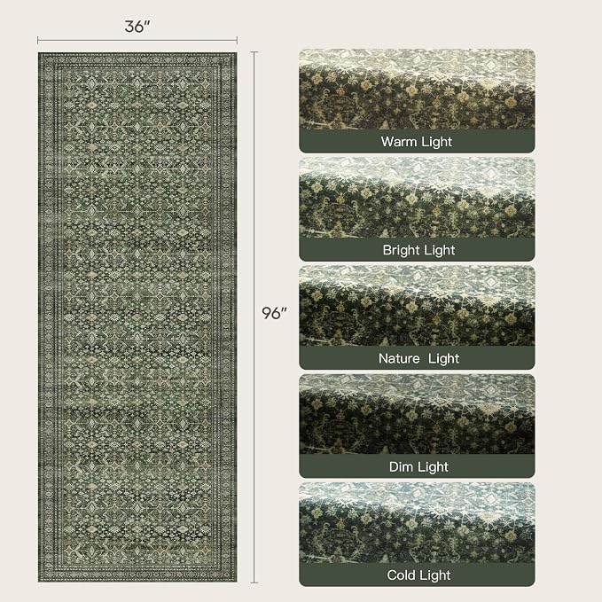 3' X 8' Area Rugs for Hallways, Green Washable Non-Slip Kitchen Runner Rug | Low Pile Runner Rugs, Soft Carpet for Kitchen Bathroom Bedroom Laundry, Stain Resistant Foldable Vintage Distressed Rug