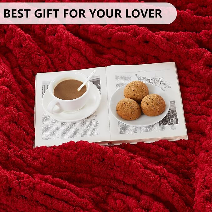 L'AGRATY Chunky Knit Throw Blanket for Couch, 60'' x 80'' Knit Throw, Red | Handmade Chenille Crochet Blanket for Sofa Bed, Thick Cable Knitted Blankets for Room Home Decor, Birthday Gift for Women Mom