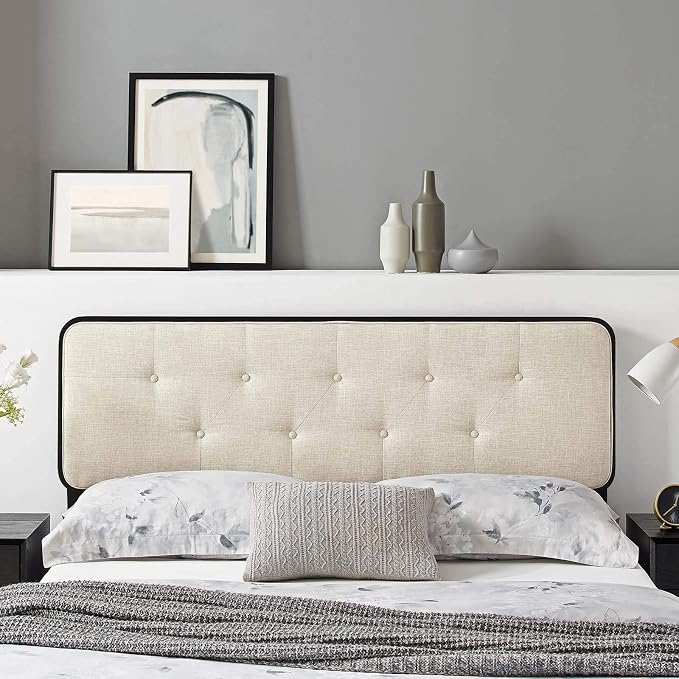 Modway MOD-6233-BLK-BEI Collins Tufted Full Fabric and Wood Headboard, Black Beige