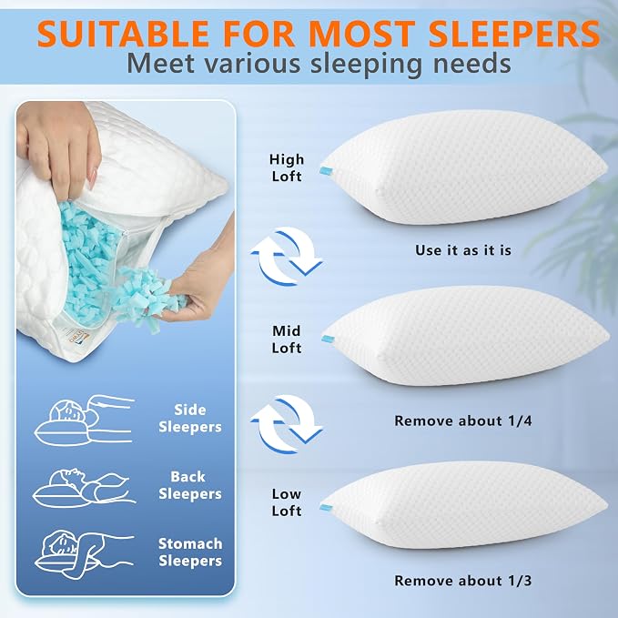 UYWO Cooling Shredded Memory Foam Bed Pillows Queen Size 1 Pcak | Firm/Soft Cooling Bed Pillows for Side/Back/Stomach Sleepers, Ergonomic Neck Support Pillow