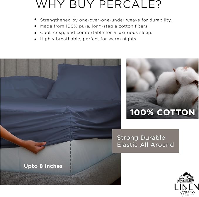 Linen Home 6 Piece Cal King Cotton Sheet Set, 100% Cotton Percale, 4 Pillowcases, Deep Pocket with All Around Elastic Sheet, Crisp Breathable Bedding, Hotel Luxury, Dark Blue
