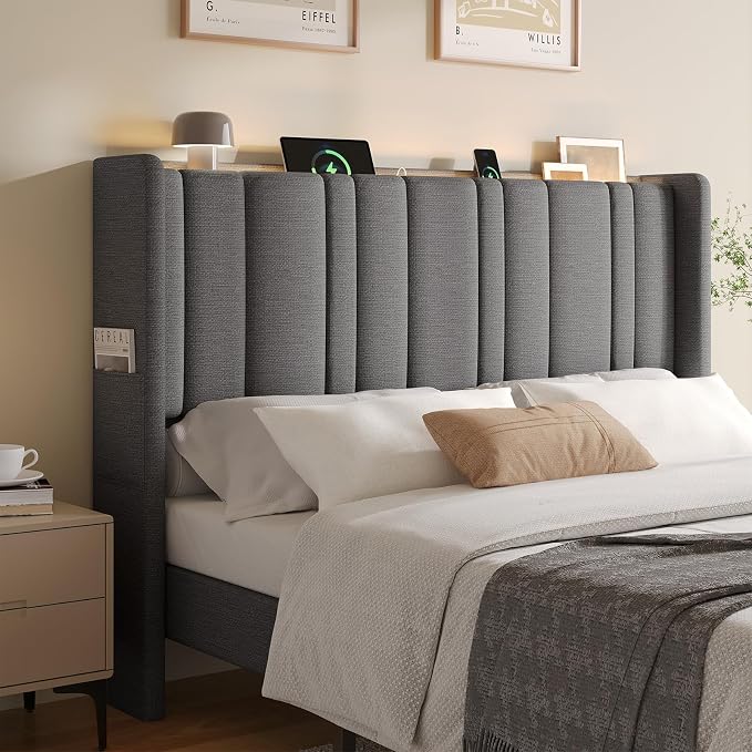 ONBRILL Queen Size Headboard with Storage, LED Light, Grey | Linen Vertical Wingback Headboard w/ Charging Station, Upholstered Head Board w/ High-Density Foam Padding, 2 Storage Pockets