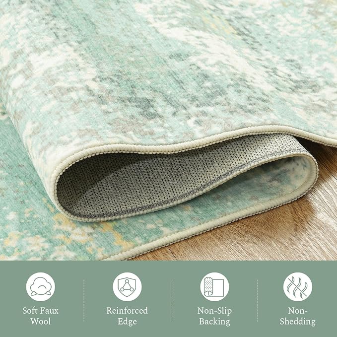 Rugflix 5x7 Area Rugs for Living Room, Washable Light Green Large Rug | Machine Washable; Stain-Resistant; Low Pile; Non-Slip; Modern Abstract; Carpet for Bedroom Dining Office Nursery Home