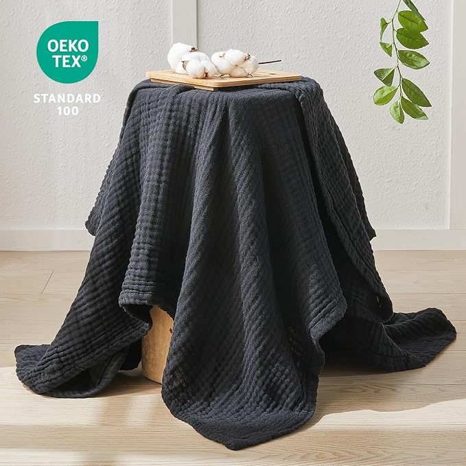 EMME Muslin Blankets for Adults Throw Blanket for Couch Breathable Gauze Soft Lightweight Airy Black Twin 60" x 80" | Summer Throw Blankets for Couch Breathable Gauze Blanket All Seasons Soft & Lightweight Pre-Washed Cotton Blanket Sofa