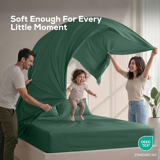 Full Sheet Set, 4 Pieces 16" Deep Pocket Hotel Luxury Sheets, Emerald Green | Extra Soft Bedsheet Set, Comfy & Breathable Cooling Sheets, Wrinkle & Fade Resistant, Fitted Sheet, Flat Sheet, 2 Pillowcases