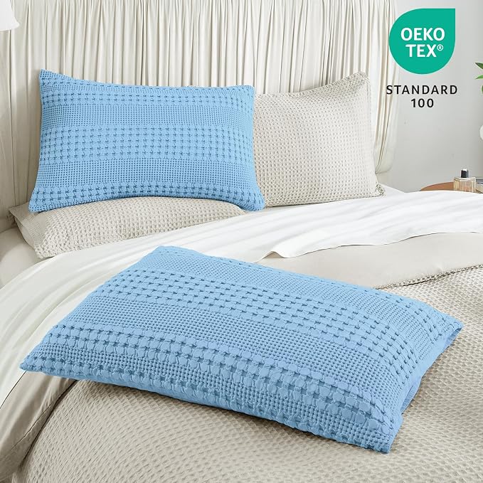 PHF Waffle Weave Pillow Shams King Size, 8 Pack 100% Cotton Pillowcases 20" x 36", No Insert, Soft & Breathable Aesthetic Woven Pillow Case Covers for Bedroom Decor, Sky Blue