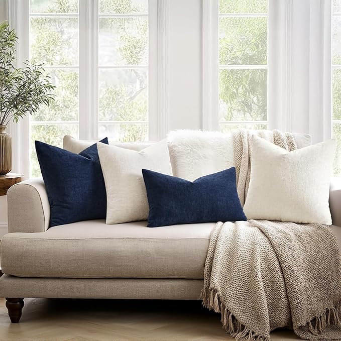 MIULEE Navy Chenille Couch Lumbar Throw Pillow Covers, 12x20 | Set of 2, Soft Coastal Home Decor, Modern Farmhouse Decorative Pillowcases for Sofa Living Room Bed