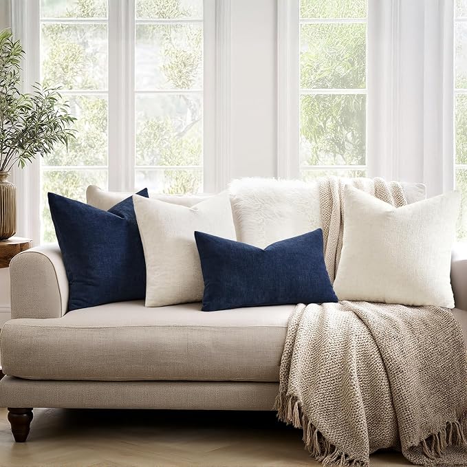 MIULEE Navy Chenille Couch Throw Pillow Covers, 18x18 | Set of 2, Soft Coastal Home Decor, Modern Farmhouse Decorative Pillowcases for Sofa Living Room Bed