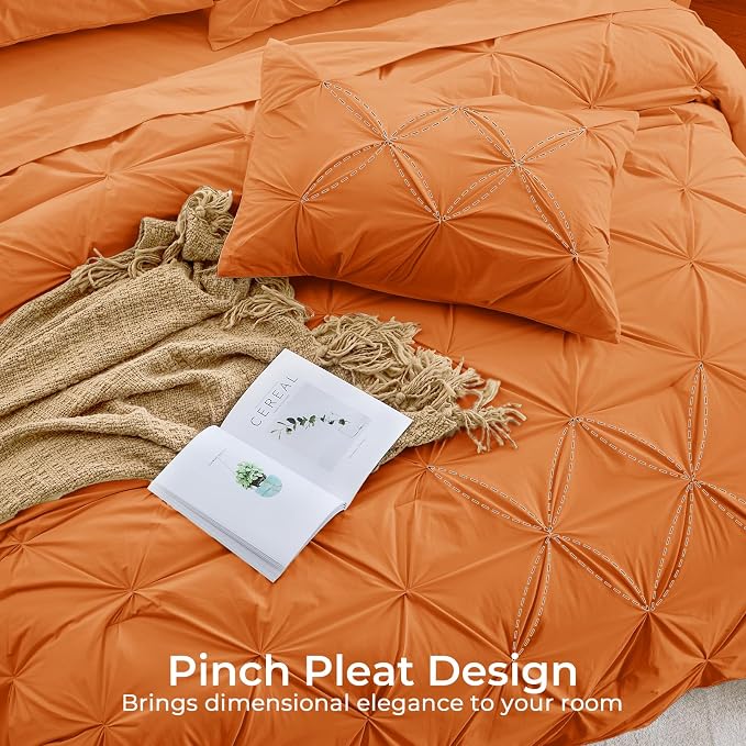 Sasttie Full Size Comforter Set, 7-Piece Bed in a Bag Double, Pintuck Bedding Set for All Season, Includes Comforter, Flat Sheet, Fitted Sheet, Pillowcases and Pillowshams, Coral Orange