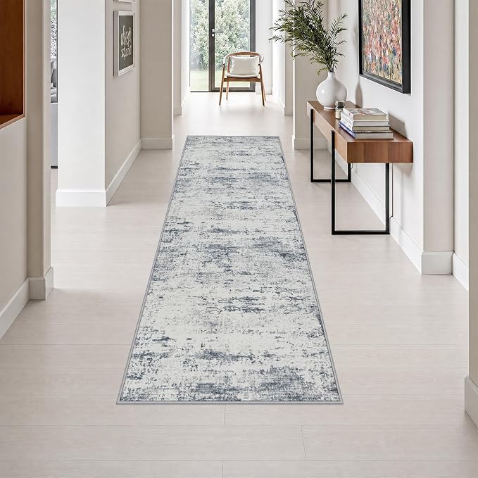 2.6x8 Washable Runner Rug：Modern Abstract Soft Carpet Blue Grey | For Hallway, Bedroom, Kitchen, Laundry, Bathroom,Door Mat,Modern Abstract,Machine washable,Non-Slip,Stain Resistant,Indoor