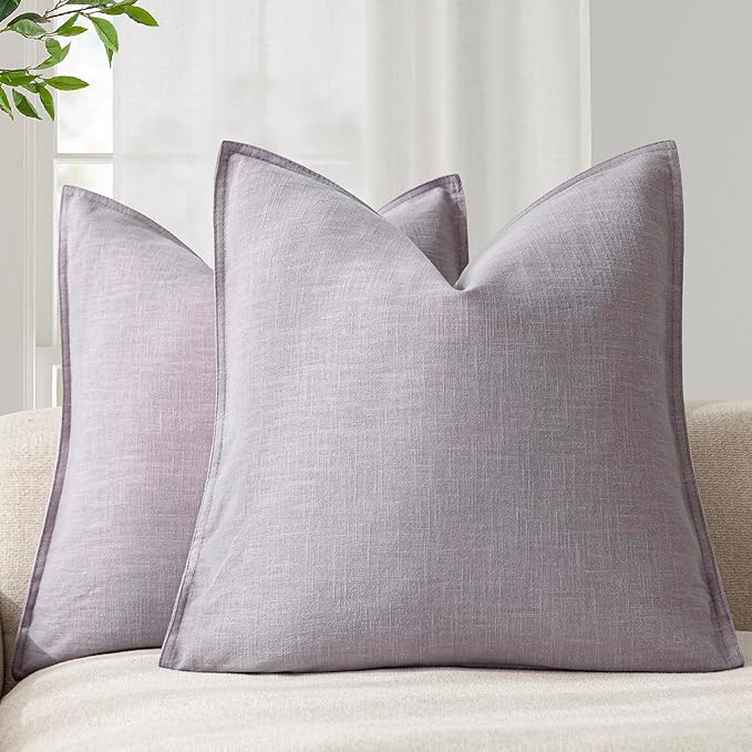 Foindtower Linen Solid Decorative Throw Pillow Covers 26x26 Light Purple | Boho Farmhouse Morden Pillowcase,Pack of 2 Soft Accent Cushion Covers,Rustic Home Decor for Chair Couch Bedroom Living Room