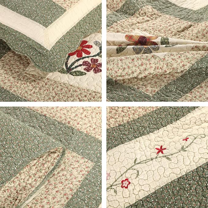 vctops Farmhouse Green 3 Piece Embroidered Floral Quilted Bedspread Quilt Set 100% Cotton Reversible Patchwork Coverlet Set 1 Quilt and 2 Pillow Shams (Green,King)
