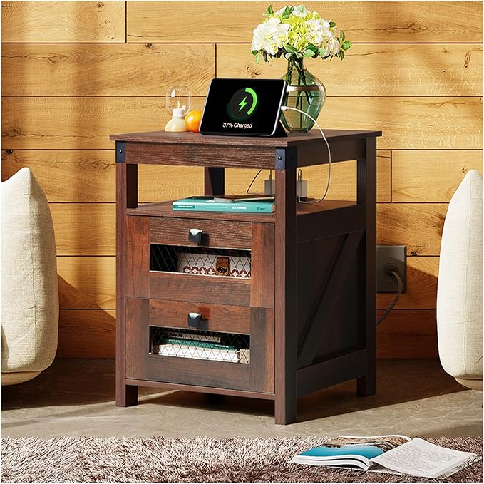 WLIVE Nightstand with Charging Station, Farmhouse End Table, Bed Side Table with 2 Storage Drawers and Open Shelf, Wood Rustic Nightstands for Bedroom, Espresso | Charging Station(2AC+2USB), Farmhouse Design (Cut-out Grills)，Storage(2 Drawers +1 Shelf)...