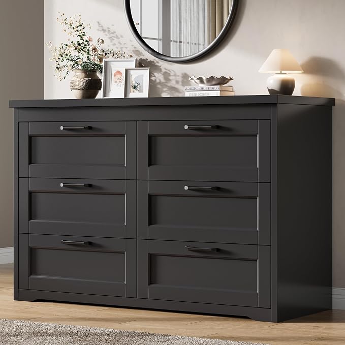 Jocoevol Black 6 Drawer Dresser for Bedroom, 47.2" Modern Chest of Drawers | Wooden Storage Dresser with Mental Handle, Large Double Dresser with 5.9" Deep Drawers for Living Room, Hallway Entryway