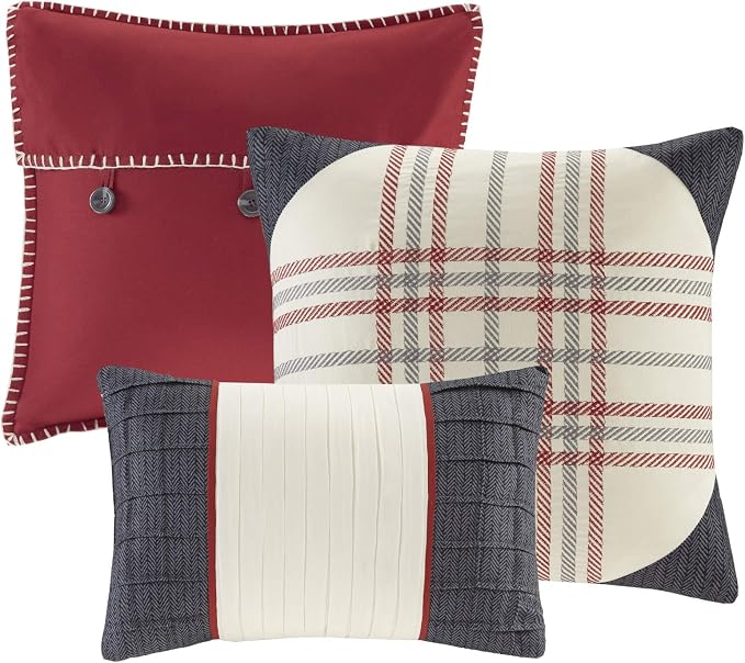 Madison Park Cabin Lifestyle Plaid Quilt Set, 6PC Full/Queen Coverlet | All Season, Luxurious Coverlet Bedspread Lightweight Bedding Layer, Shams, Decorative Pillow, Red