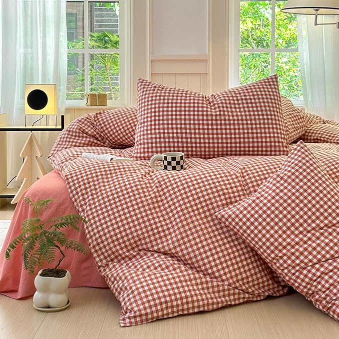 LifeTB Gingham Comforter Set King Modern Style Plaid Checkered Comforter Fluffy Soft Red Orange Grid Bedding Set Lightweight Gingham Bedding Comforter Farmhouse Checkered Comforter Set