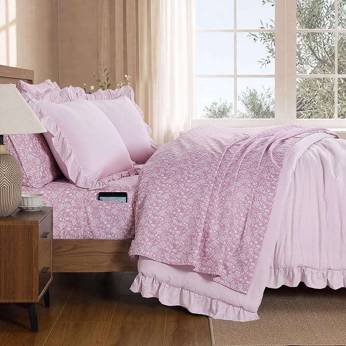 King Size Comforter Set-7 Pieces Ruffle Bedding Floral Sheet | Mauve Vine Bed in a Bag, Soft Lightweight All Season Farmhouse King Size Bedding Sets with Floral Sheets, Pillowcases & Shams