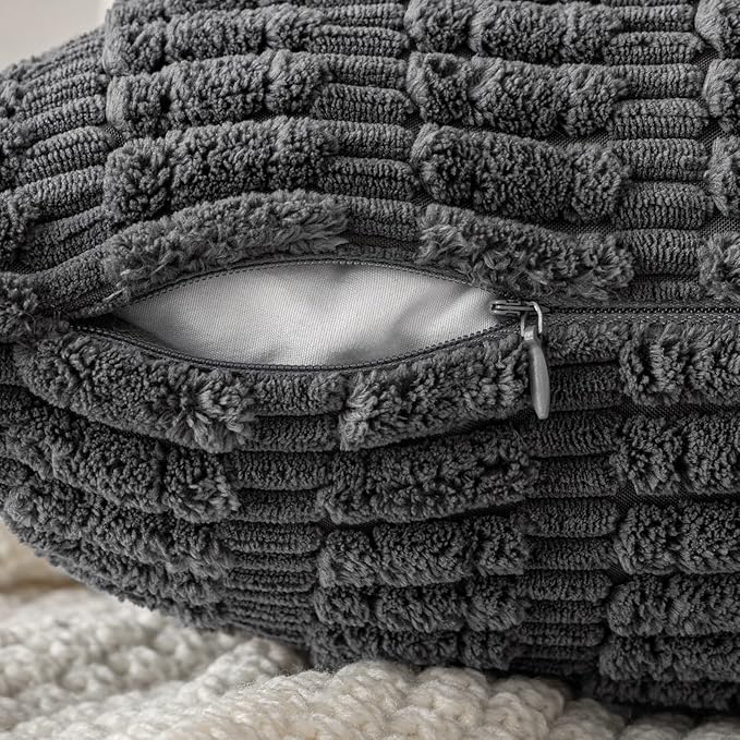 MIULEE Corduroy Decorative Throw Pillow Covers 18x18 Dark Grey Pack of 2 | Soft Boho Striped Pillow Covers Modern Farmhouse Home Decor For Sofa Living Room Couch Bed