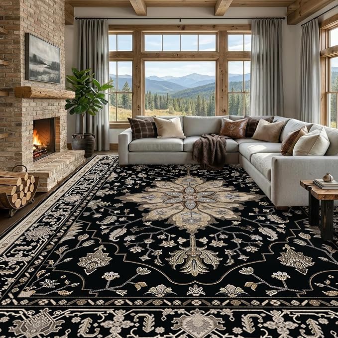 RELEANY Washable Area Rug, Large 10'x14', Black/Neutral | Non-Slip, Water Repellent, Pet Friendly, Easy to Clean, Vintage Floral Boho Decor for Living Room Bedroom Dining Room