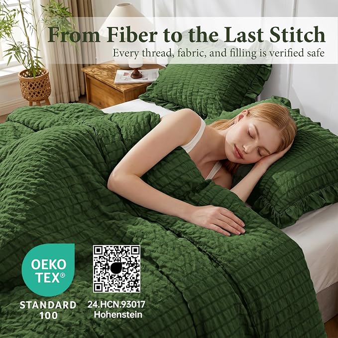 JOLLYVOGUE Dark Green Twin/Twin XL Comforter Set, 2 Pieces Seersucker Lightweight Fluffy Bedding Set, Twin Ruffle Comforter, All Season Soft Microfiber Shabby Chic Bed Set
