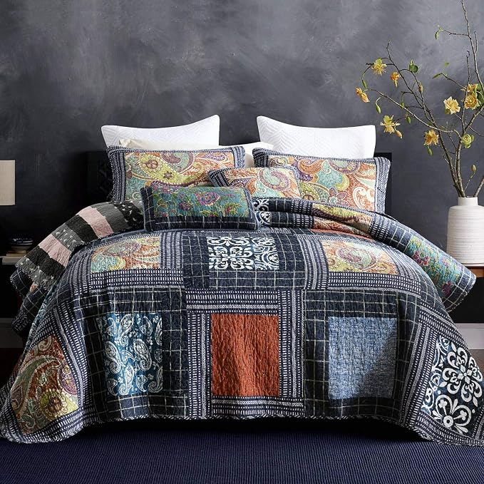 Bedspread Quilt Set with Real Stitched Embroidery, Paisley Grid Pattern,Queen Size