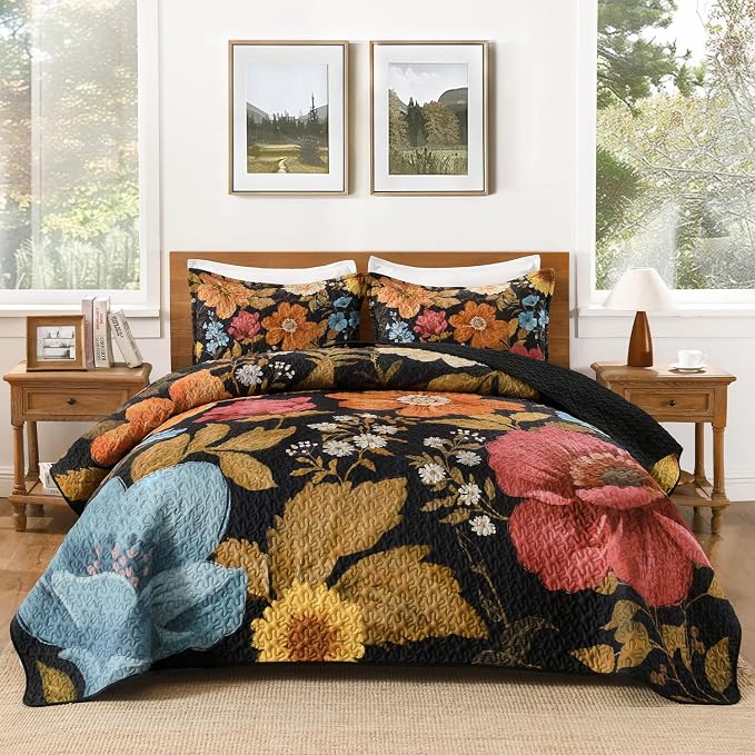 Quilt King Size, Colorful Floral Boho Summer Bedspread 3 Pieces | Golden Flower Botanical Summer Bedspreads with 2 Shams, Reversible Polyester Coverlet Set for All Seasons, 106"x96"