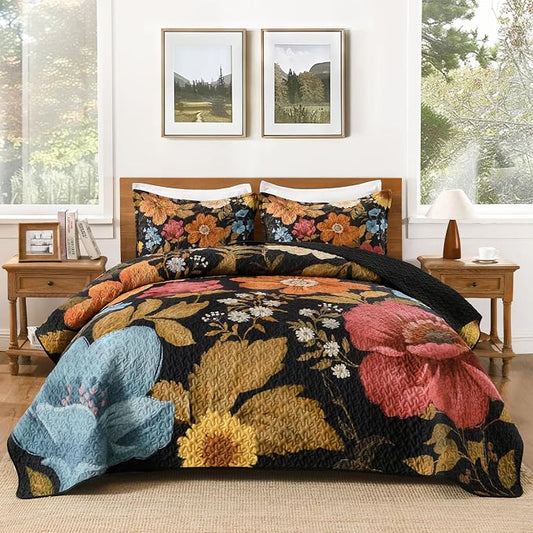 Quilt King Size, Colorful Floral Boho Summer Bedspread 3 Pieces | Golden Flower Botanical Summer Bedspreads with 2 Shams, Reversible Polyester Coverlet Set for All Seasons, 106"x96"