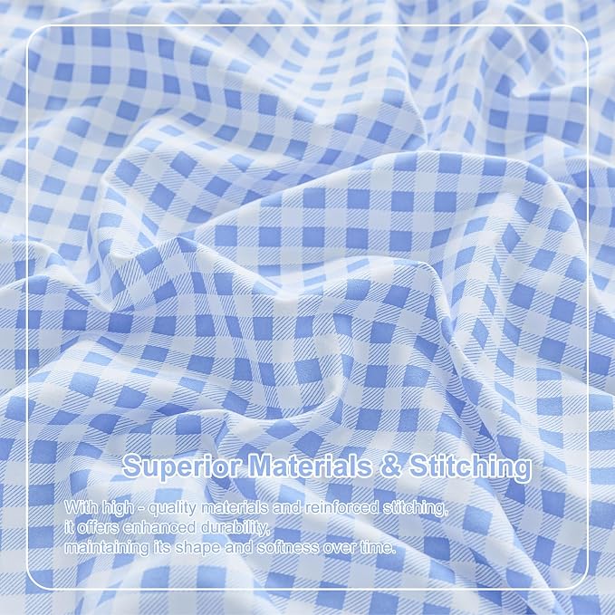 Gingham Queen Sheet Set, Lightweight Super Soft Brushed Microfiber Plaid Bed Sheets with 16" Deep Pocket, 4 Piece Ruffle Farmhouse Bedroom Decor, Blue