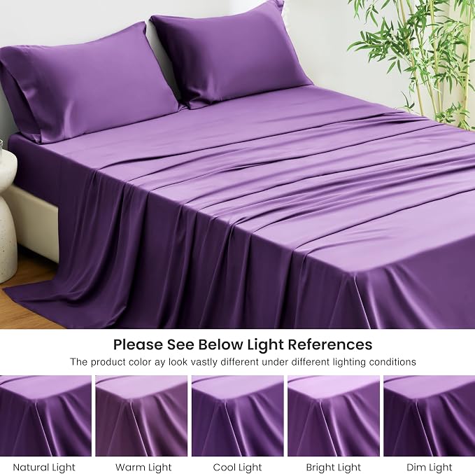 Love's cabin 4 Piece King Size Sheet Set, 100% Rayon Derived from Bamboo, Cooling & Breathable, Soft Silky Deep Pocket up to 16", Hotel Luxury Bedding for Hot Sleepers, Purple