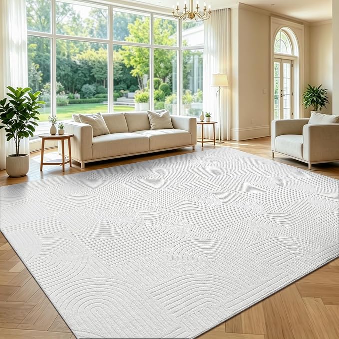 Pauwer 9x12 Area Rugs for Living Room, Modern Non Slip Washable Rug, White | Arch Pattern, Soft Fluffy, Neutral, Boho Accent, Solid Color Floor Carpet, For Kids Room Dining Room Nursery Entryway