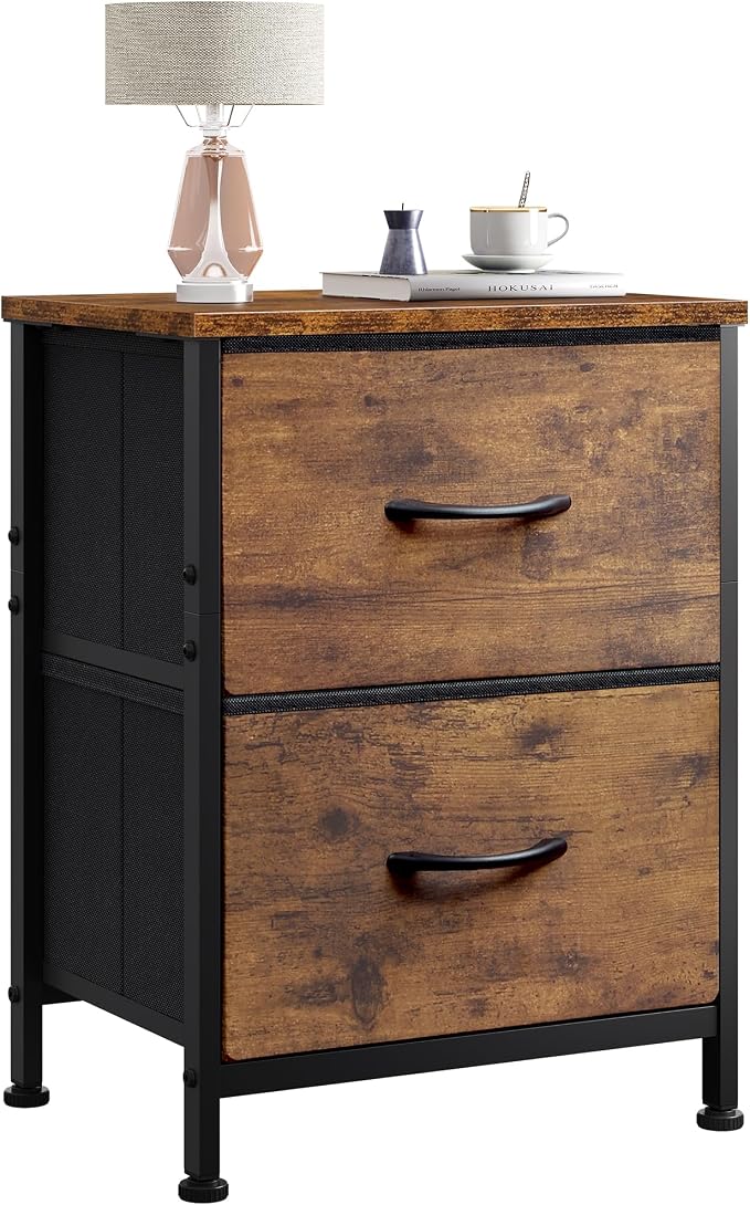 WLIVE Night Stand, Small Dresser with 2 Drawers & Wooden Top, Nightstand with Fabric Bins, Bedside Table End Table for Bedroom, Closet, Entryway, College Dorm, Rustic Brown | Nightstand with Fabric Bins, Bedside Table End Table for Bedroom, Kids Room