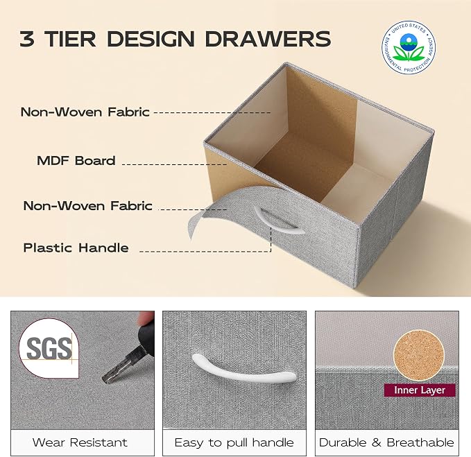 WLIVE Tall Dresser for Bedroom, 5 Drawer Dresser, Light Grey | 5 vertical fabric drawers, Tall vertical design, Bedroom or closet use, Dresser for small spaces, Chest of drawers
