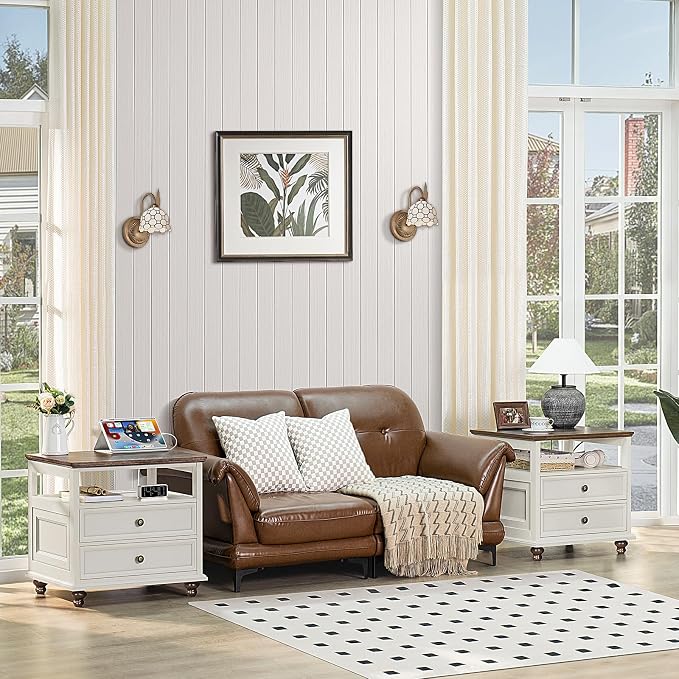 Joaxswe Farmhouse Nightstand Set of 2 with Charging Station, 24" Wide End Table with 2 Drawers,Dresser for Bedroom,Bed Side Table Chest of Drawers Cabinet,Wood White Night Stand for Living Room