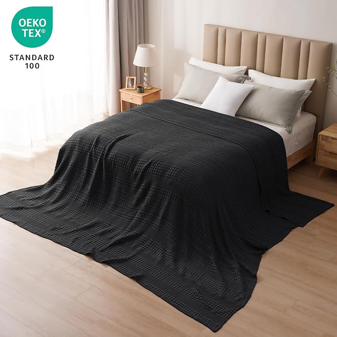 PHF 100% Cotton Waffle Weave Blanket Oversized King for Bed 120"x120"- Giant Big Lightweight Blanket 10'x10' for Bed Sofa - Aesthetic Extra Large Washed Cotton Soft Blanket - Black | Pre-Washed Soft Cotton Comfor, Extra Large 10'x10' Blanket, Giant Big...