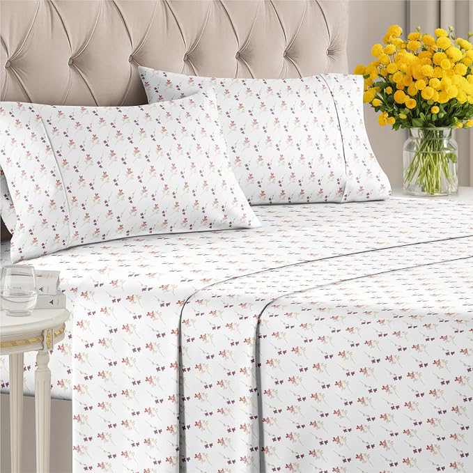 Queen 4 Piece Floral Sheet Set - Soft, Breathable & Cooling - Autumn Posy | 1 Flat, 1 Fitted & 2 Pillowcases w/ Deep Pockets, Boho Botanical Floral Bedding, Breathable & Cooling, Wrinkle & Fade Free