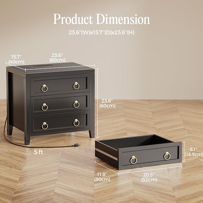 Huuger Paint Night Stand with Charger Station, 3 Drawer Nightstand Set of 2 | Larger Wider Bedside Table with USB-C Port, Modern End Table, for Bedroom, Living Room, Black Nightstand
